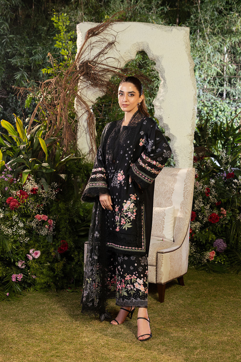 3 Piece Stitched Chikankari Organza Suit - Ready To Wear