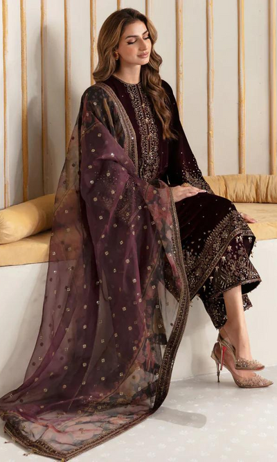 3 Piece Stitched Velvet Suit - Ready To Wear
